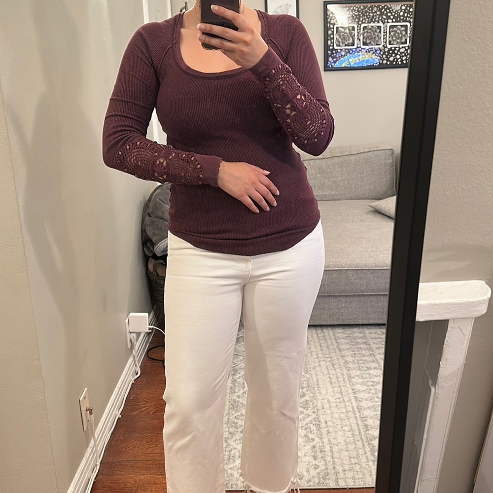 Free People: Purple long sleeve with crochet detailing on sleeve
